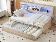 Łóżko banquette 90x200cm z łóżkiem wysuwanym 90x190cm - szafka nocna z oświetleniem LED i gniazdami - Naturalny
