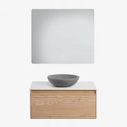 Zestaw Wiszących Mebli Łazienkowych Z Drewna Jesionowego Tedrik Popielaty Brąz & Okrągły Szary Cement - Sklum