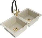 Mexen Mario zlewozmywak granitowy 2-komorowy z baterią kuchenną Duo, beżowy - 6504-69-671701-57-G