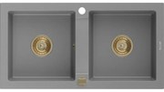 Mexen Mario zlewozmywak granitowy 2-komorowy 820 x 436 mm, szary, syfon złoty - 6504822000-71-G