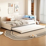 Sofa dziecięca rozkładana - 90 x 200 cm - pojemnik nad łóżkiem - z USB + LED - z wysuwanym łóżkiem 90 x 190 cm - len + płyta MDF - beżowa