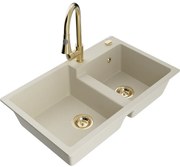 Mexen Tomas zlewozmywak granitowy 2-komorowy z baterią kuchenną Elia, beżowy - 6516-69-670101-50