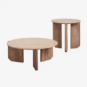 Zestaw 2 Okrągłych Stolików Kawowych Z Naturalnego Kamienia I Drewna Mango Lavinia Travertine & Drewno Mango - Sklum