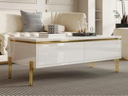 Lakierowany błyszczący stolik kawowy 100x50x36 cm - 2 szuflady - Nogi metalowe - Płyta wiórowa - Biały