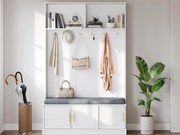 Nowoczesna szafa na przedpokoju - z 6 hakami i 3 drzwiami - z ławką i otwartymi półkami - Biała