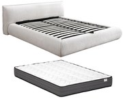 Łóżko ze skrzynią 160 x 200 cm - Tkanina - Beżowe + Materac - MIRSIO