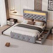 Łóżko tapicerowane z pojemnikiem na pościel, 140 x 200 cm, z wysuwaną podstawą i 2 szufladami, podświetlana szafka nocna, lniane, kolor szary