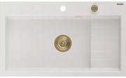 Mexen Omar zlewozmywak granitowy 1-komorowy 800 x 480 mm, biały, syfon złoty - 6520801005-20-G