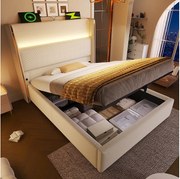 Łóżko dziecięce z pojemnikiem 90x200 cm z portem USB i LED, zagłówek wyściełany - len beżowy (bez materaca)