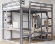 Łóżko mezzanine dziecięce 140x200cm - z drabinką - z biurkiem - z prostym wieszakiem - szare (materac nie wliczony)