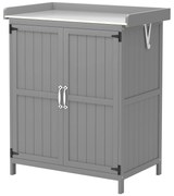 Outsunny Szafka Ogrodowa, Szafka na Narzędzia do Zewnętrznego Użytku, z Powierzchnią Roboczą, Drewno i Stal Nierdzewna, Podwójne Drzwi, Szary