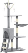 PawHut Drapak dla kota z domkiem, 4 zabawki, słupki z sizalu, duża platforma, schodek, dla kotów poniżej 5 kg, Szary
