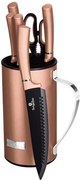 Stalowe noże kuchenne z nożyczkami w stojaku różowe złoto F2-Z36