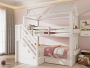 Łóżko piętrowe dla dzieci 90x200cm - z schodami do przechowywania + 2 szuflady + półki - z drewna sosnowego i MDF - Białe