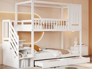 Łóżko piętrowe 90x200cm z litego drewna - 2 szuflady i schody do przechowywania - Białe