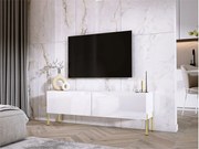 Szafka RTV: Biały Matowy / Biały Błyszczący, złote nogi, 140 x 52 x 32 cm