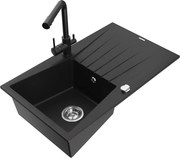 Mexen Cesar zlewozmywak granitowy 1-komorowy z ociekaczem i baterią kuchenną Duero, czarny - 6514-77-671600-70