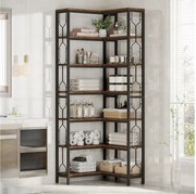 Narożny regał na książki, 7-poziomowy regał industrialny, półki narożne z drewna i metalu, wolnostojący regał ekspozycyjny do salonu