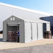 TOOLPORT 4x10m Namiot magazynowy - 3,0 m wysokość ścian bocznych z podciąganą do góry bramą, PVC 850, szary, ze statyką (podłoże betonowe) - (94014)