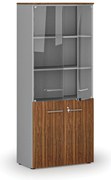 Szafa biurowa kombinowana PRIMO GRAY z drzwiami drewnianymi i szklanymi, 800 x 420 x 1781 mm, szary/orzech