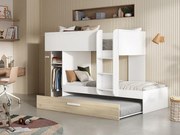 Łóżko piętrowe z ze skrzynią , 3 × 90 × 190 cm – kolor biało-naturalny, z materacem - ANTHONY