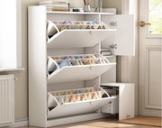 Wielofunkcyjny mebel na buty 119x24x122cm - z 3 składanymi szufladami - z składanym ławą - z drzwiami - biały