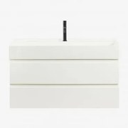 Zestaw Mebli Łazienkowych Z Drewna I Forniru Jesionowego Z Wbudowaną Umywalką Ona Biała & Bezlusterkowiec & Czarny - Sklum