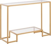 Stolik Konsolowy SucceBuy z 2 Poziomami, Stolik do Kanapy z Blatem ze Szkła Hartowanego, Żelaznymi Nogami i Zabezpieczeniem Przed Przewróceniem, Złoty