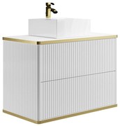 Szafka łazienkowa wisząca ryflowana ze złotą listwą z umywalką nablatową - Biały - 80 cm - KELIZA