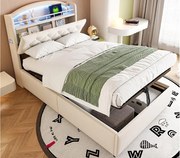 Łóżko dziecięce 90x200cm - Welur - z LED - z USB - beżowe (materac nie jest w zestawie)