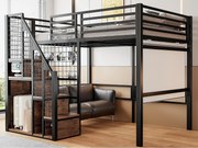 Łóżko mezzanine dla dzieci 140x200cm - z drabiną bezpieczeństwa i schowkami - Czarne