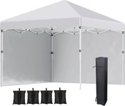 Outsunny Składany Pawilon z 2 Ściankami, Wysokość Regulowana, z Torbą Transportową, Stelaż z Antykorozyjnej Stali, 3x3 m, Biały