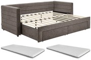 Łóżko wysuwane 2 x 80 x 200 cm - Z rozsuwanym stelażem i szufladami - Teksturowana tapicerka - Taupe + Materac - CAMITY