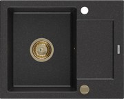 Mexen Enzo zlewozmywak granitowy 1-komorowy z ociekaczem 576 x 465 mm, czarny/srebrny metalik, syfon złoty - 6506571005-73-G