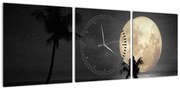 Obraz - Plaża pod pełnią księżyca w odcieniach szarości (z zegarem) (90x30 cm)