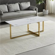 Prostokątny stolik kawowy – Hartowane szkło z efektem białego marmuru – Złoty metal – CHIARA