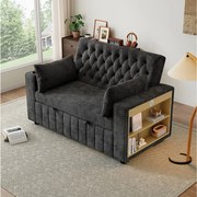 Sofa rozkładana z uchwytami na kubki i półkami, portami USB - ciemnoszara tkanina szenilowa