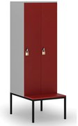 Drewniana szafa ubraniowa S4 z ławką, 2-drzwiowa, 1871 x 600 x 500/800 mm, demontaż, zamek obrotowy, szary/czerwony
