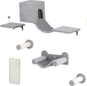 PawHut Ścianka Wspinaczkowa dla Kotów 6-elementowy zestaw z domkiem dla kota, hamakiem, platformą, drapakiem Szary