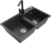Mexen Tomas zlewozmywak granitowy 2-komorowy z baterią kuchenną Rita, czarny nakrapiany - 6516-76-670300-70
