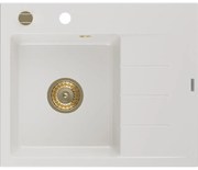Mexen Ben zlewozmywak granitowy 1-komorowy z ociekaczem, lewy 600 x 500 mm, biały, syfon złoty - 6522605000-20-G