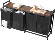 Kosz na Pranie SucceBuy Kosz na Pranie z 4 Przegródkami, Organizer na Pranie z Wyjmowanymi Workami z Tkaniny Oxford 600D, Metalową Ramą i Drewnianym Blatem