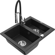Mexen Carlos zlewozmywak granitowy 1,5-komorowy z baterią kuchenną Aster, czarny/srebrny metalik - 6518-73-73450-07