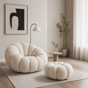 Fotel Wypoczynkowy Obrotowy PETTIT Kremowy z Pufą w Tkaninie Teddy Boucle