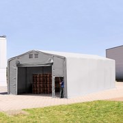 TOOLPORT 8x16m Hala namiotowa - 4,0 m wysokość ścian bocznych z podciąganą do góry bramą, PRIMEtex 2300, szary, ze statyką (podłoże betonowe) - (94237)