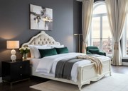 Bogato zdobione łóżko ecru 140x200 cm, zagłówek tapicerowany, pikowany kryształkami. Piękne eleganckie łóżko glamour do stylowej sypialni.