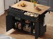 Mobilna centralna wyspa kuchenna - stół rozkładany - z 2 drzwiami i 2 szufladami - z wieszakiem na ręczniki do wina i kółkami - Czarny