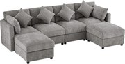 Kanapa narożna w kształcie litery U lub L - 4 osoby - z 2 pufami - regulowane podłokietniki - z 4 poduszkami + 2 zagłówkami - szary