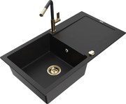 Mexen Leo zlewozmywak granitowy 1-komorowy z ociekaczem i baterią kuchenną Flora, czarny - 6501-77-670401-57-G