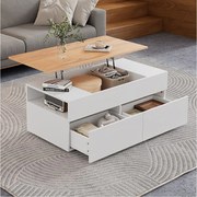 Biały stolik kawowy z podnoszonym blatem w efekcie drewna i 2 szufladami do przechowywania